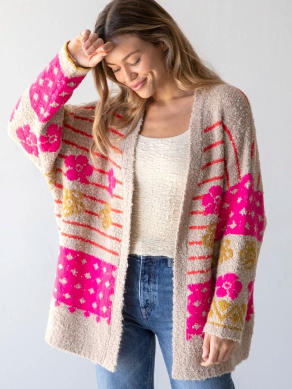 Natural Life Women's Calla Jacquard Cardigan Sweater in Tan Size S/M
